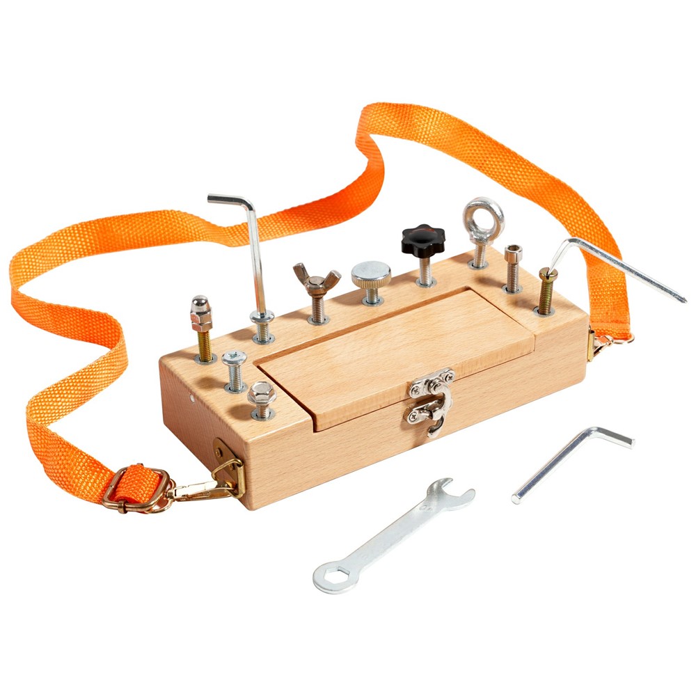 MWDH-2515 Screwdriver Board Toy Nut Key Wooden Box Educational Toy with Shoulder Strap - Burlywood