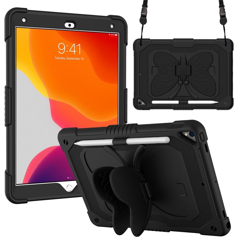Butterfly Shape Kickstand Design Solid Color PC + Silicone Shockproof Tablet Cover Shell with Shoulder Strap for iPad 10.2 (2021) / (2020) / (2019)