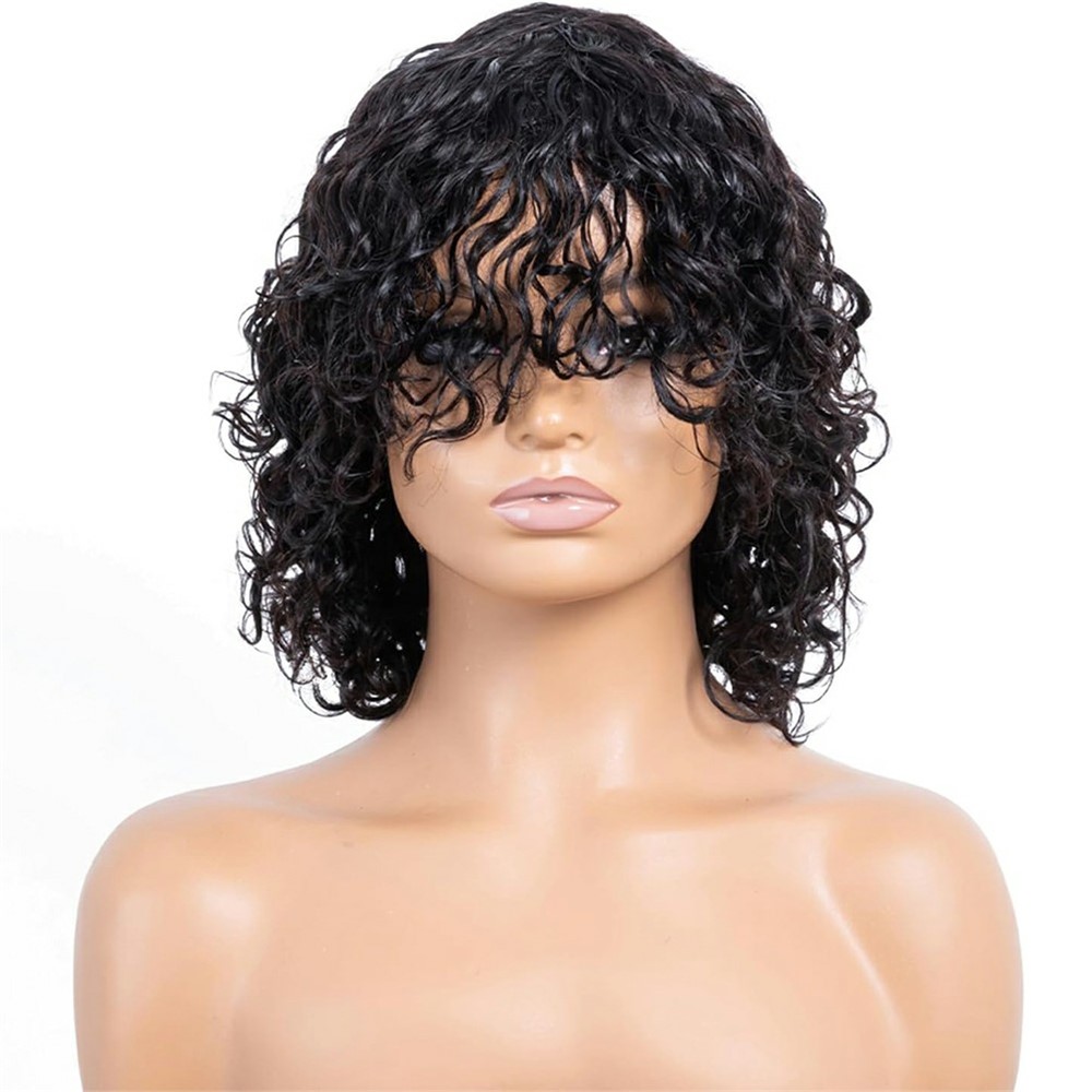 Black Short Curly Wig Human Hair for Women Soft Heat Resistant Adjustable Size Breathable Woven Net