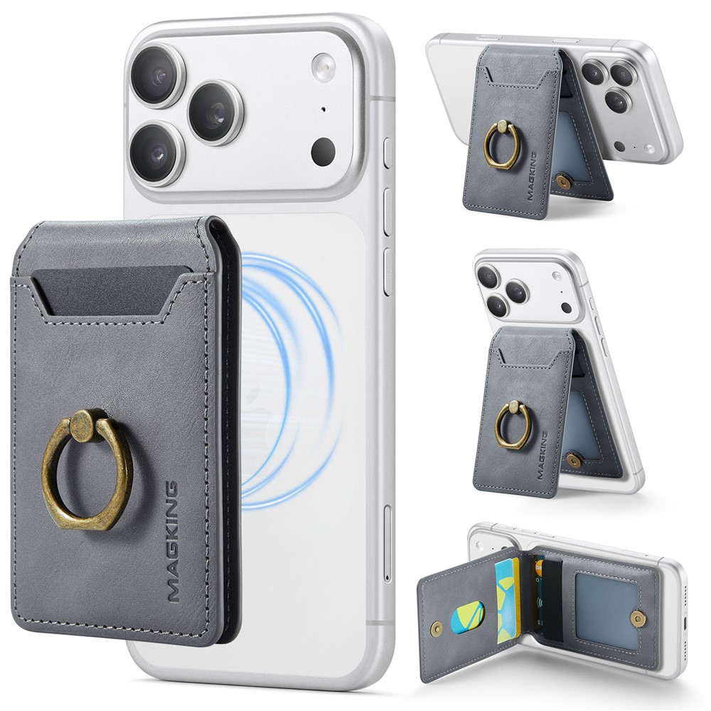 MAGKING K1 Kickstand Magnetic Card Holder RFID Blocking Cell Phone Wallet Built-In Ring - Grey