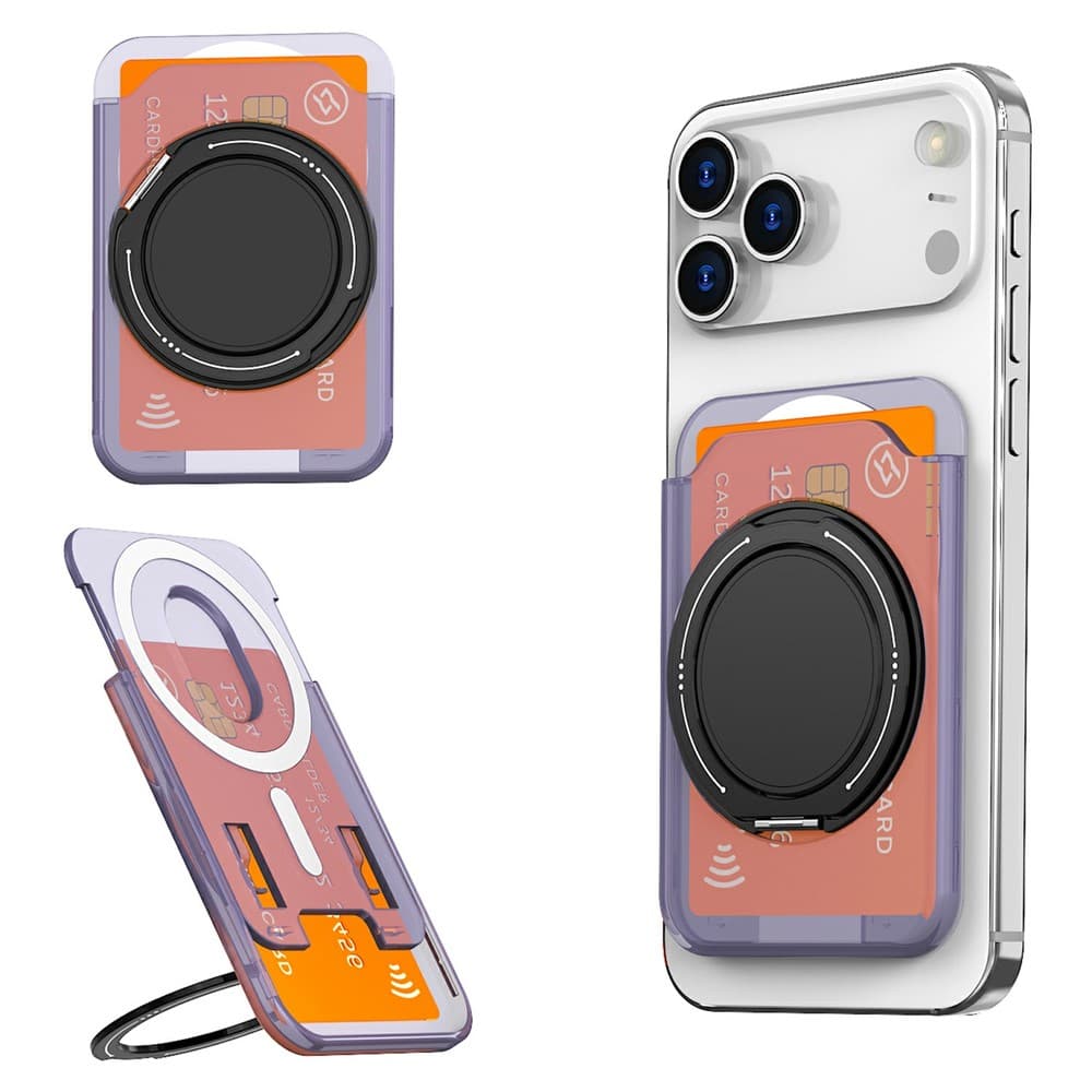 Rotary Ring Holder Magnetic Phone Card Holder Hard PC Card Slot with Aluminum Alloy Kickstand - Transparent Purple