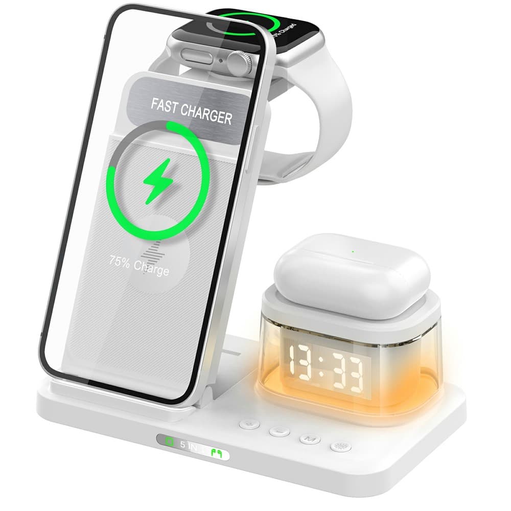 HYY-H33 5 in 1 15W Wireless Charger Folding Charging Station with Night Light - White