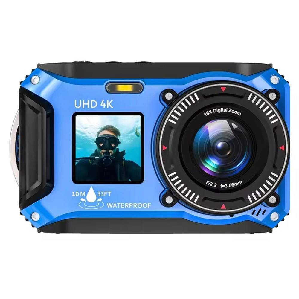 VP006 33ft Waterproof Camera with 2 Batteries 4K UHD 56MP 2.8 + 1.4 Inch Dual Screen Underwater Digital Camera - Blue
