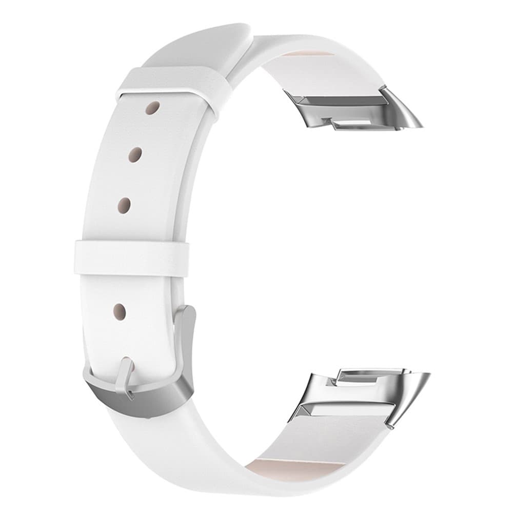 Metal Buckle Genuine Leather Smart Watch Strap Adjustable Wrist Band for Fitbit Charge 6 / 5 - White