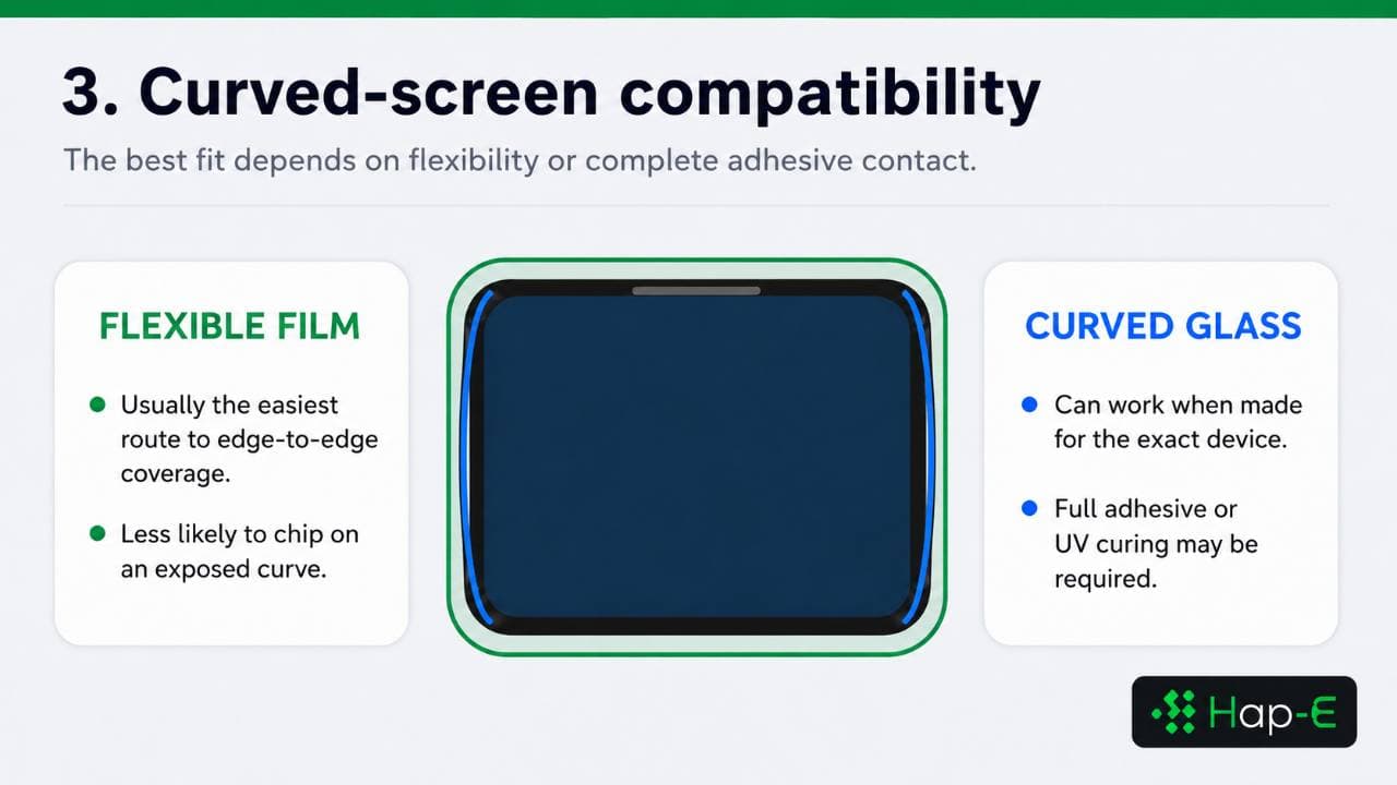 Flexible film and curved glass approaches for covering a curved phone screen