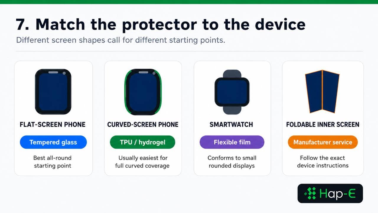 Recommended screen protector types for flat phones, curved phones, smartwatches and foldable inner screens