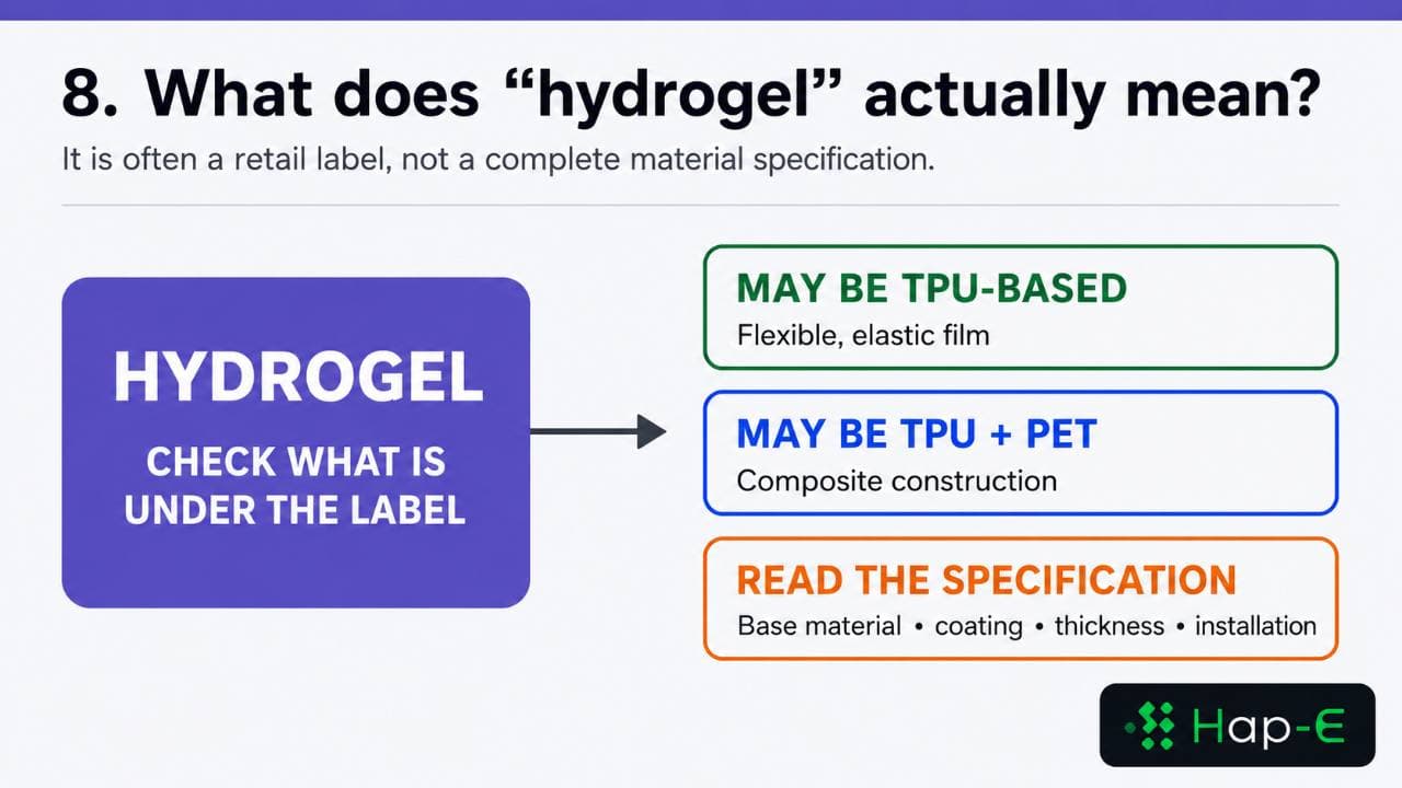 Diagram explaining that hydrogel-labelled screen protectors may use TPU or TPU and PET composite construction