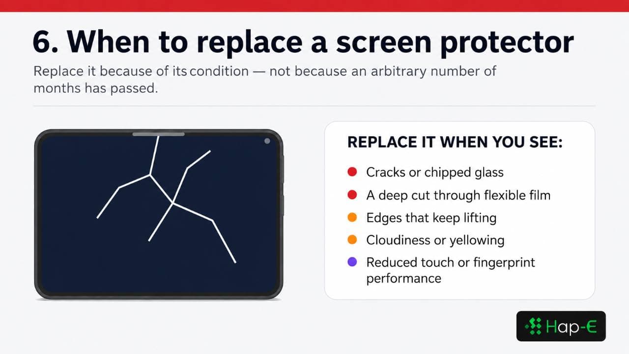 Signs that a screen protector needs replacement including cracks, deep cuts, lifting, cloudiness and reduced sensor performance