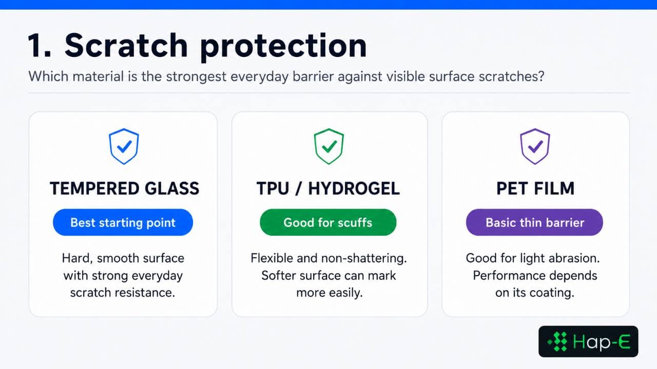 Scratch protection comparison between tempered glass, TPU or hydrogel and PET film