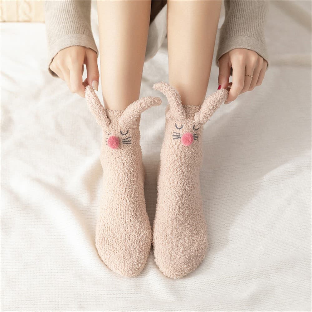 Cute Bunny Ears Floor Socks Coral Fleece Winter Warm Sleep Socks Non Slip Mid Calf Socks for Women - Khaki