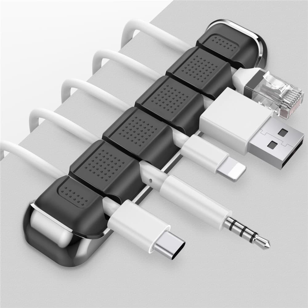 AHASTYLE PT125 Aluminum Alloy + Silicone Cord Organizer Home Office Desk 5-Slot Charging Cable Holder - Black