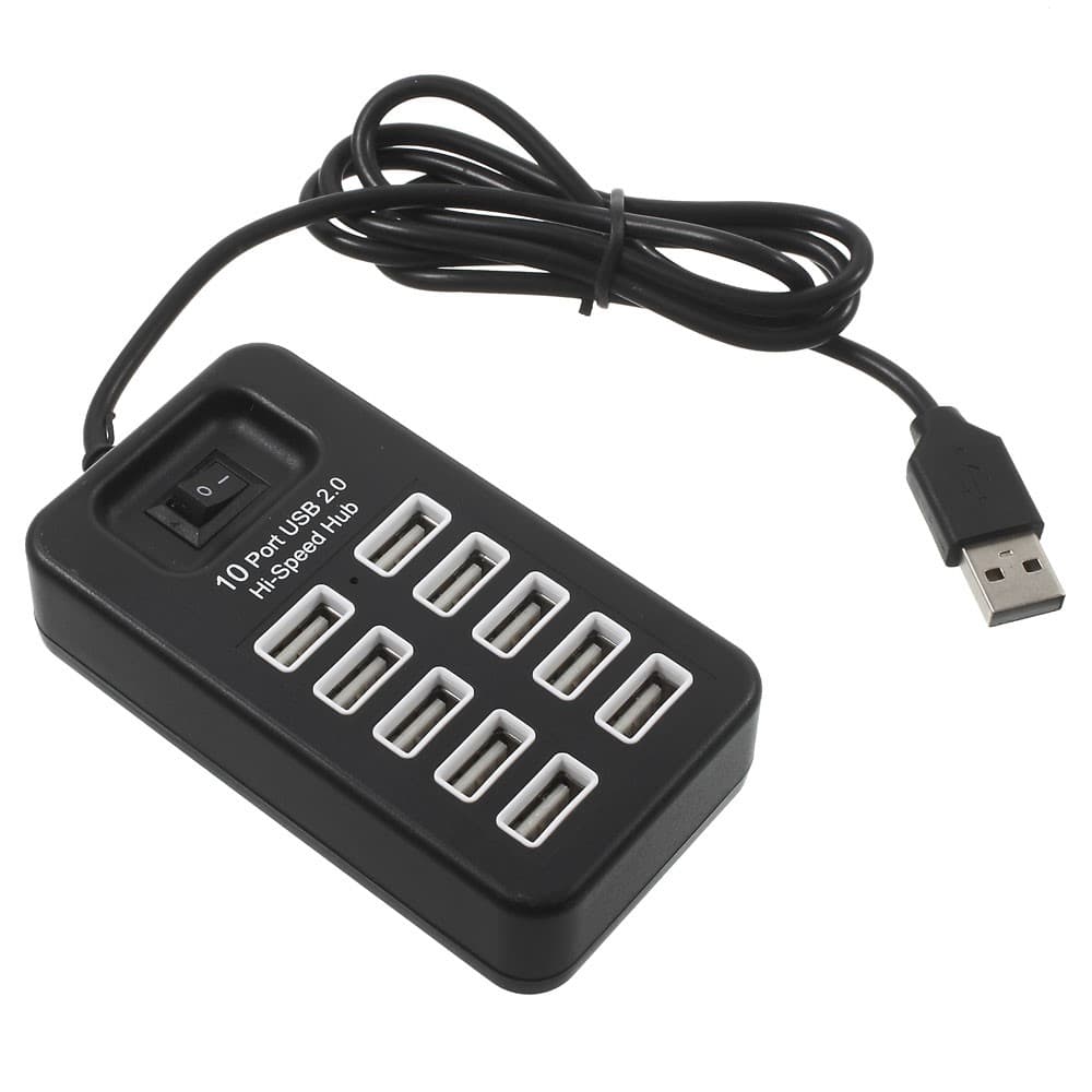 480Mbps High Speed 10-Port USB 2.0 Extender Hub with 1m Cable and Power Switch - Black