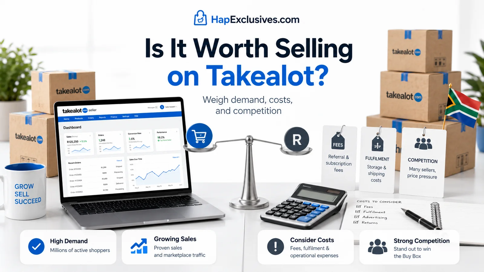 Illustration comparing the demand, costs and competition involved in selling on Takealot